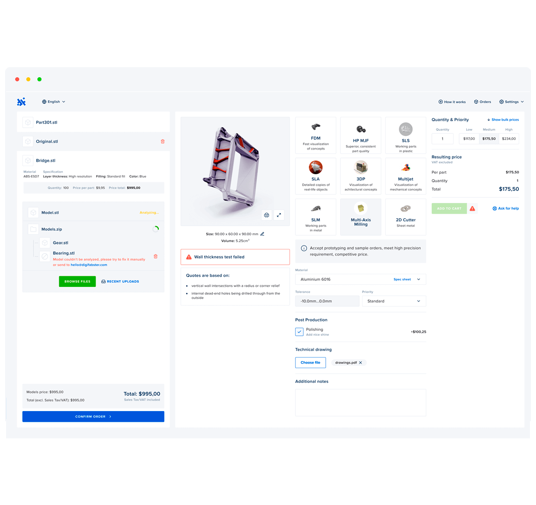 DigiFabster instant 3D printing quotation tool interface